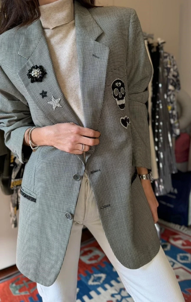 Blazer upcycled check black ecru