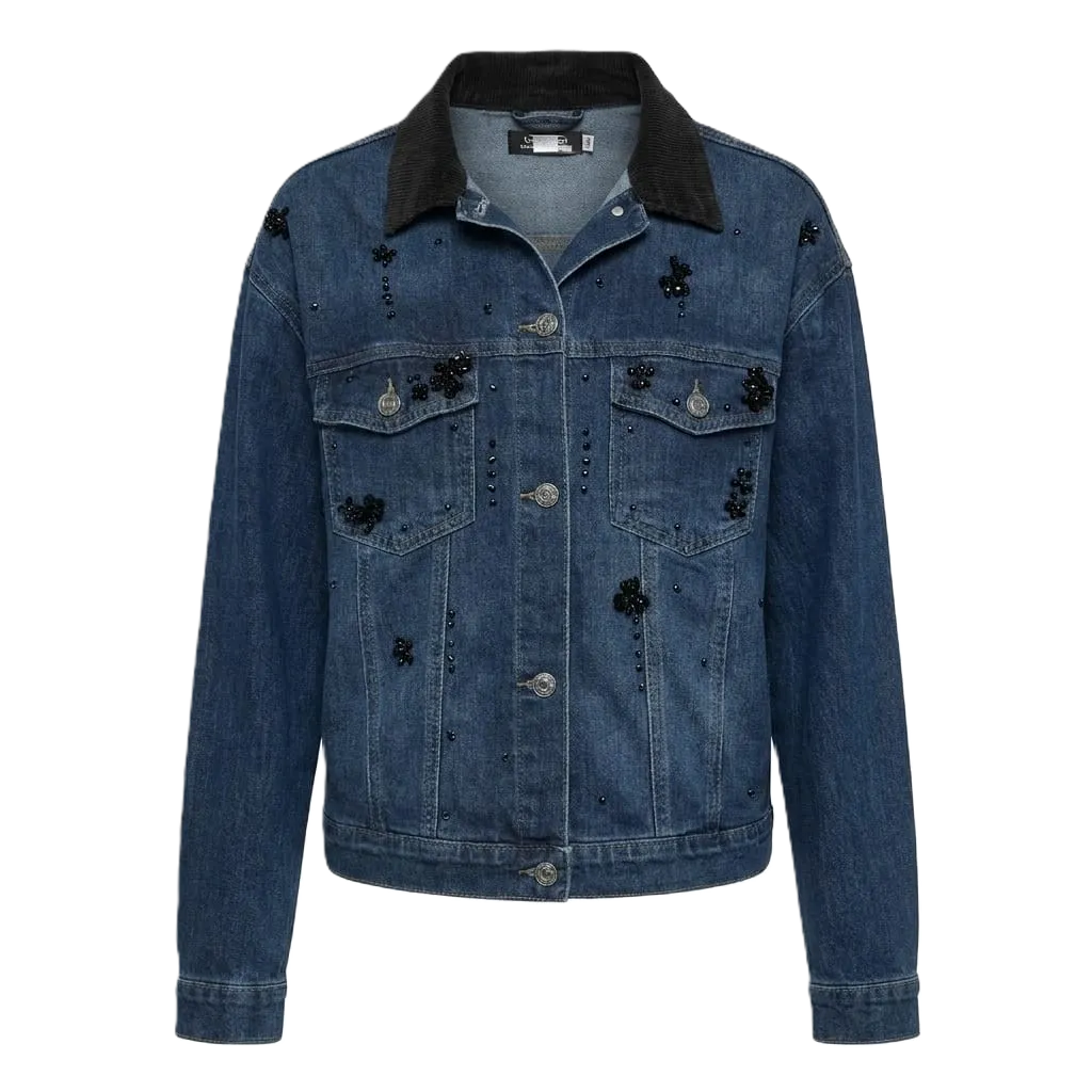 Giacca in jeans con strass e collo in velluto